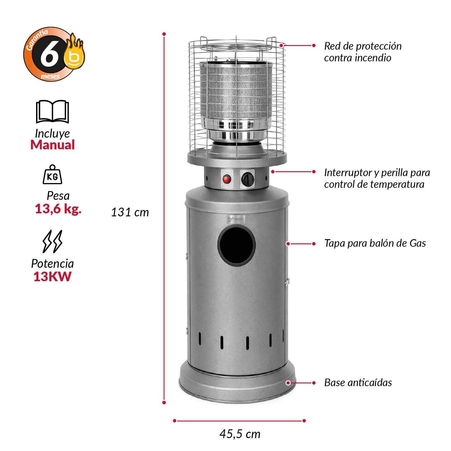 Estufa De Patio Baja Plateada a Gas de 11kg Terrazas Interior Exterior Bfresh