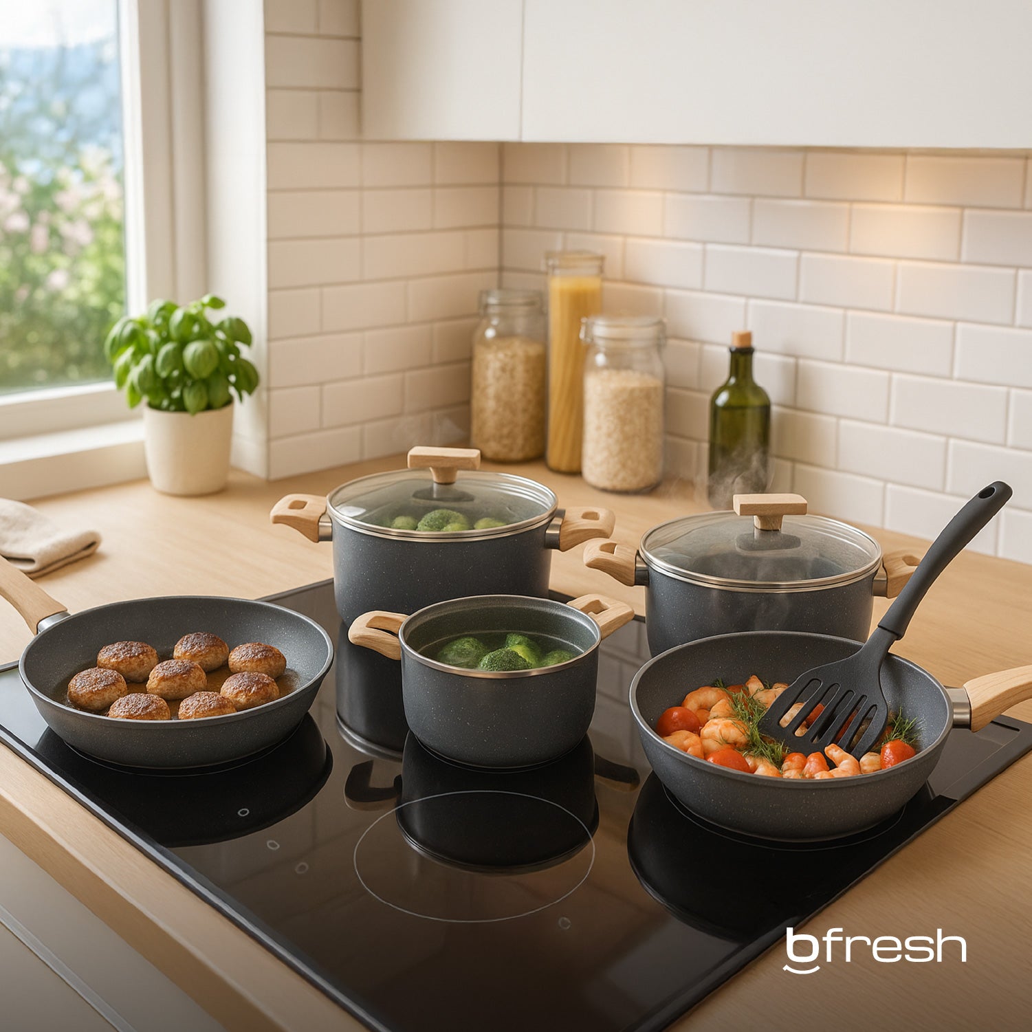 Juego de ollas cocina 10 piezas granito antiadherente Bfresh