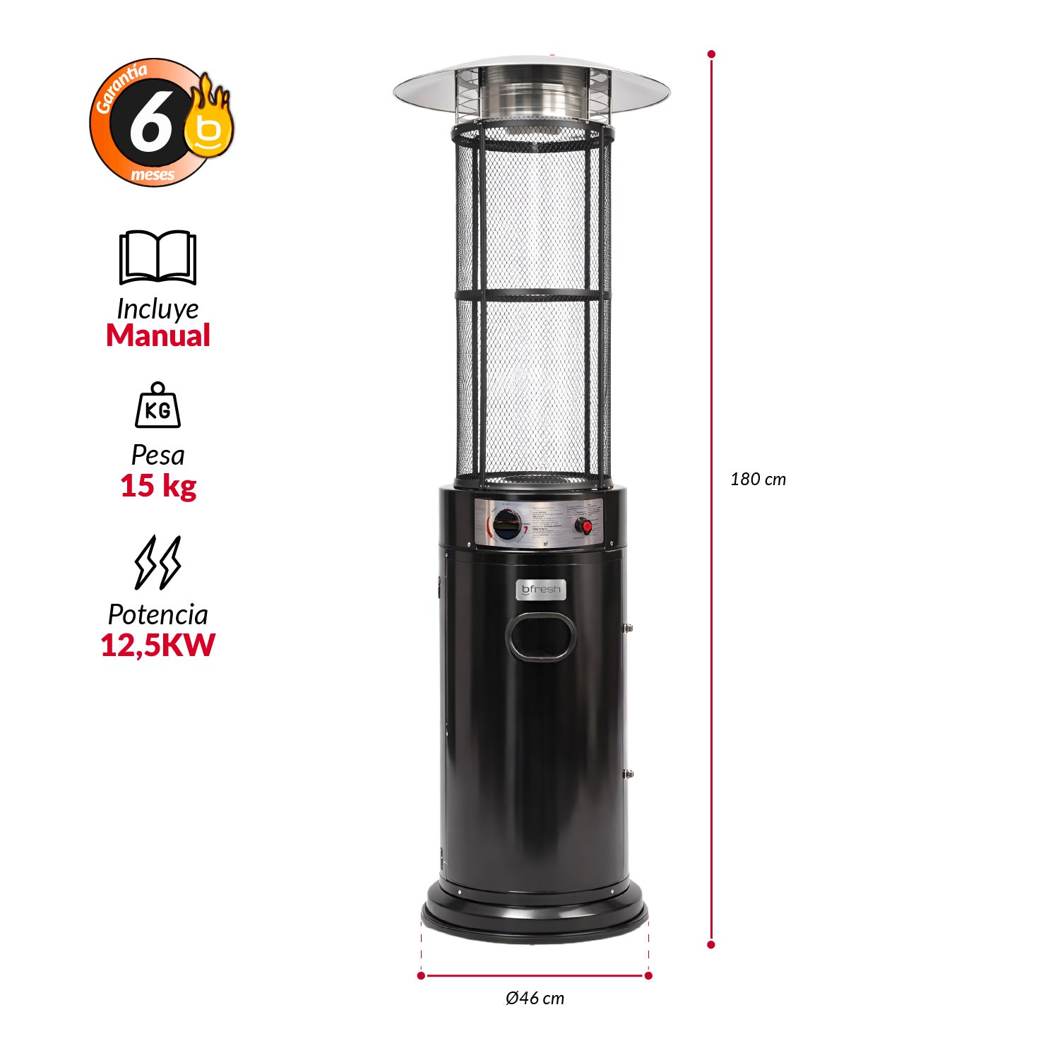 Estufa Patio Exterior Cilíndrica A Gas 12,5kw Negra Bfresh